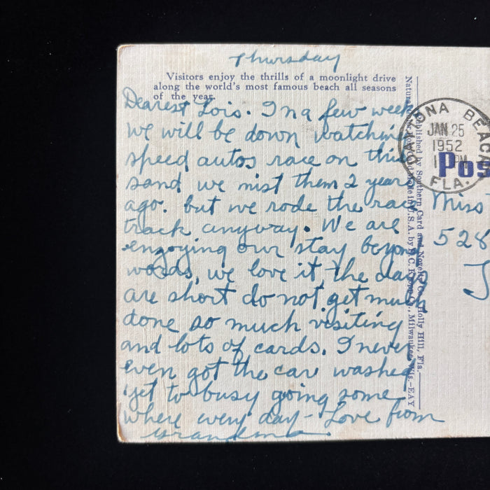 Vintage Postcard 1952 Daytona Beach Florida Racing Speed Autos Moonlight Drive