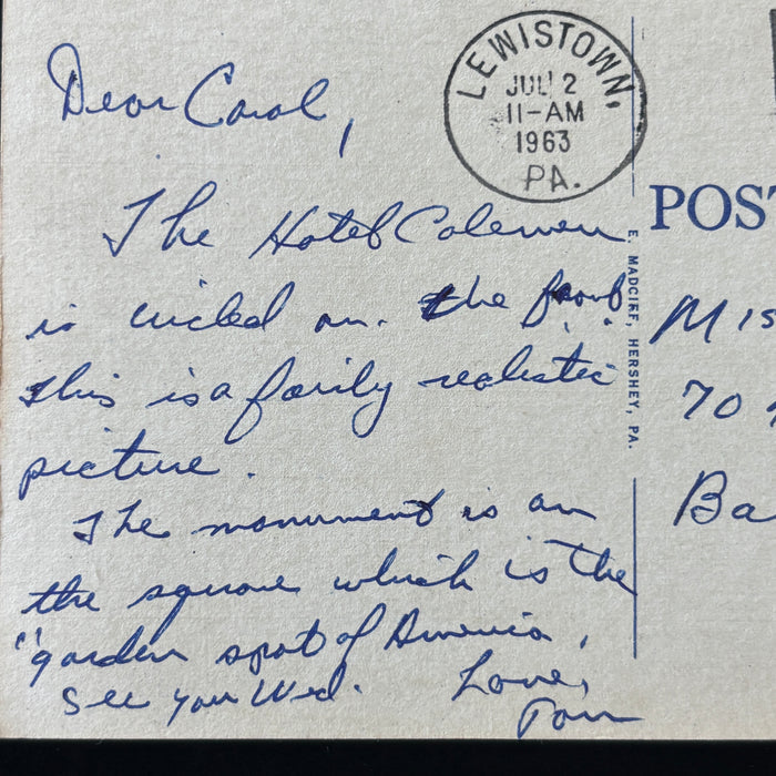 Vintage Postcard 1963 Circled Hotel Coleman Lewistown PA West Market Street