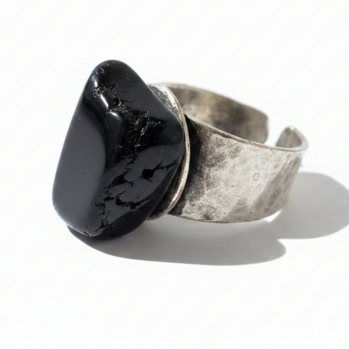 Black Tourmaline Ring Tumbled Stone Adjustable Chunky Statement