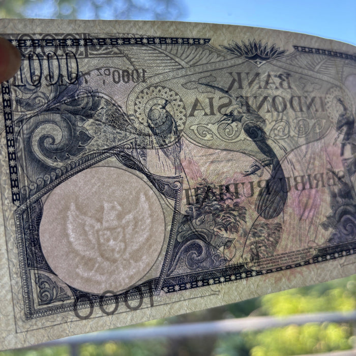 Vintage Banknote 1959 Indonesia 1000 Rupiah Birds of Paradise UV Verified AU
