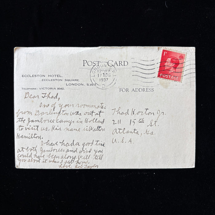 Vintage Postcard 1937 Cars Eccleston Hotel London Boy Scout World Jamboree Holland