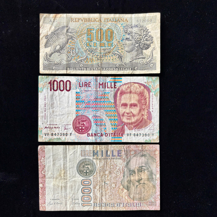 Vintage Banknote Set Italy 1000 Lire Marco Polo Montessori 500 Aretusa Lot 3pc