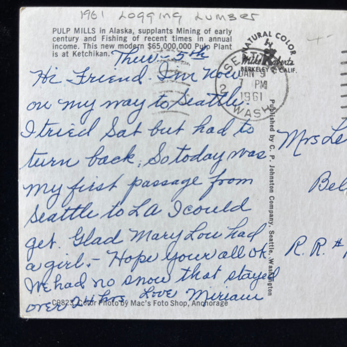 Vintage Postcard 1961 Ketchikan Alaska Pulp Mill Ward Cove Seattle Forestry