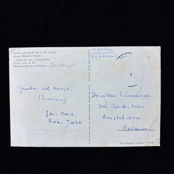 Vintage Postcard 1969 Konya Turkey Mevlana Museum Rock Lamp Artifact to Holland