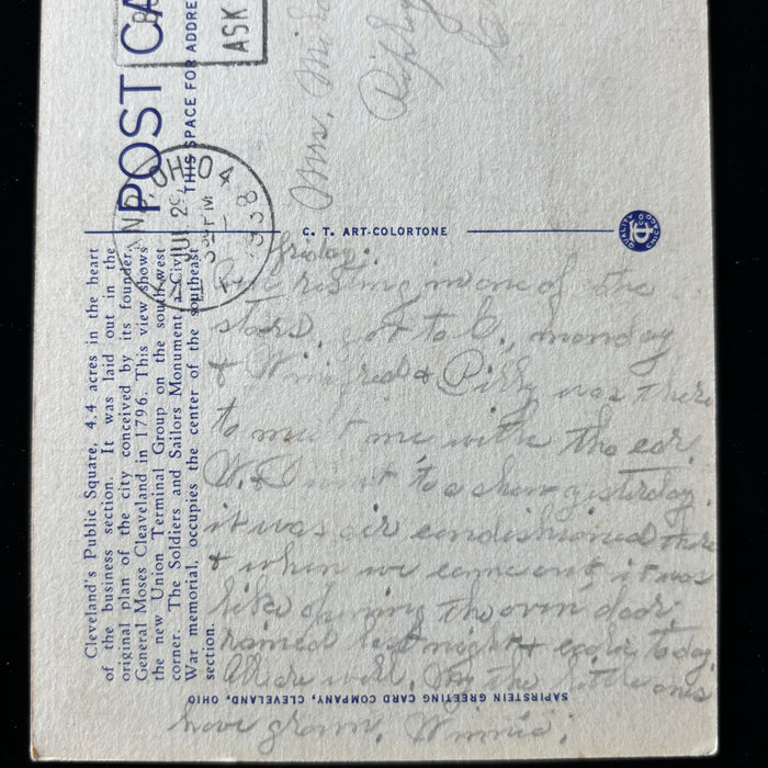 Vintage Postcard 1938 AC Show Bustling Cleveland OH Terminal Tower Night Linen