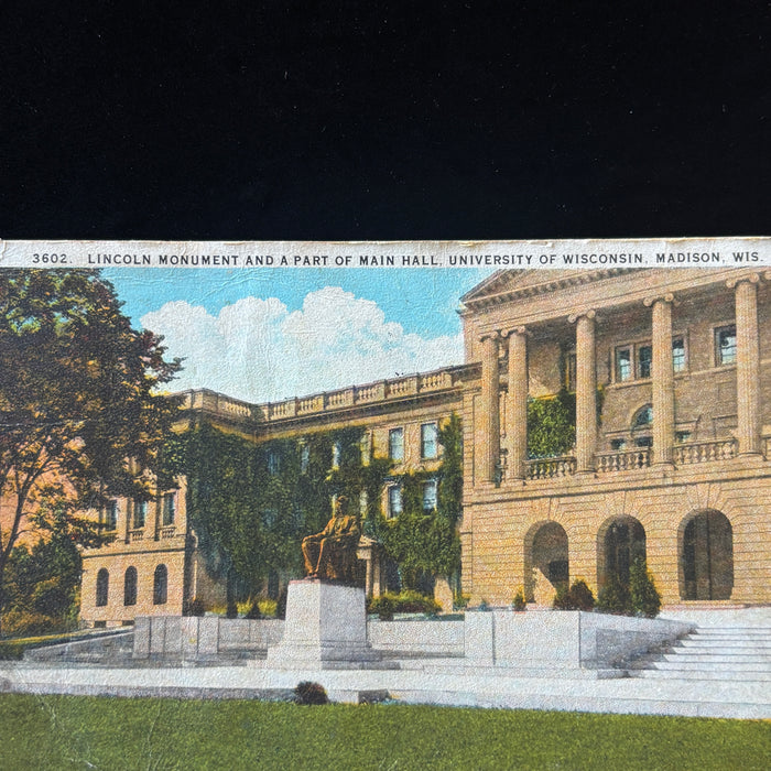 Antique Postcard 1925 Women Summer School UW Madison Bascom Hall Lincoln Statue