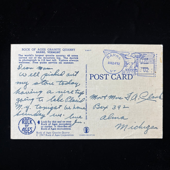 Vintage Postcard 1952 Headstone Travel Rock Of Ages Granite Quarry Barre Vermont