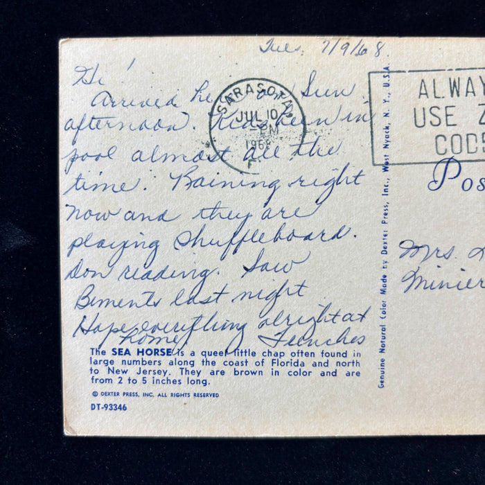 Vintage Postcard 1968 Sea Horse Poem Florida Sarasota Always Use Zip Code Stamp