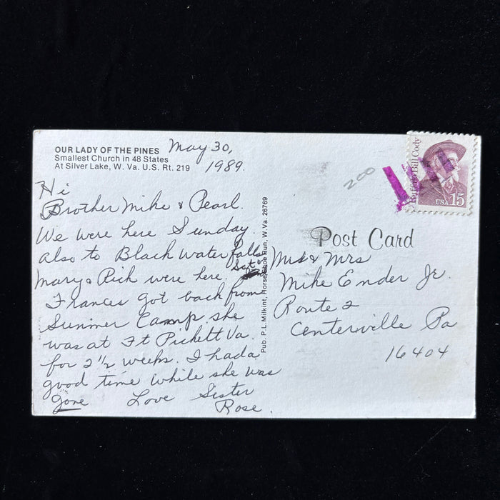 Vintage Postcard 1989 Our Lady Of Pines West Virginia Smallest Church Deer Windmill