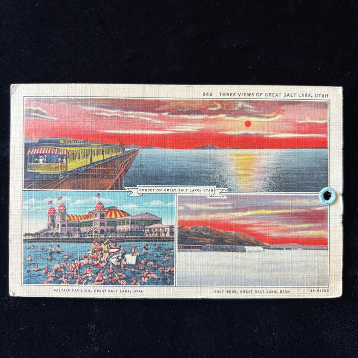 Vintage Postcard 1937 Great Salt Lake Utah Saltair Pavilion Float Sunset Trolley