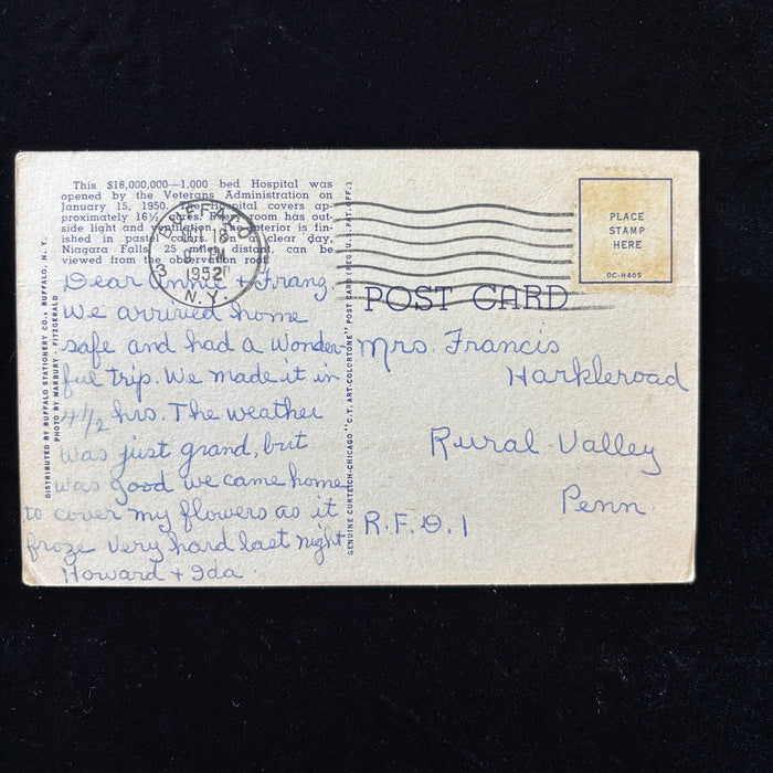 Vintage Postcard 1952 Frozen Flowers Veterans Administration Hospital Buffalo NY