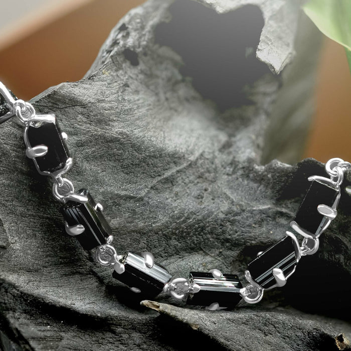 Black Tourmaline Bracelet Nugget Stones Sterling Silver Clasp