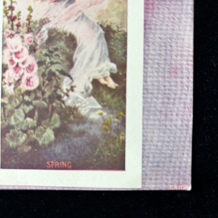 Antique Postcard 1910s Spring Pretty Lady Art Nouveau Pink Hollyhocks