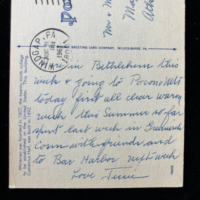 Vintage Postcard 1961 East Coast Travel Journal Moravian College Bethlehem PA