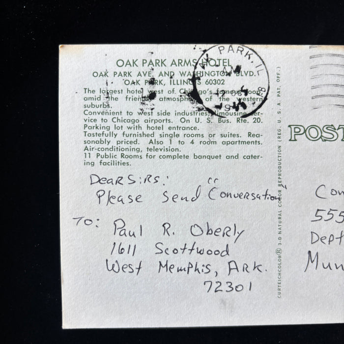 Vintage Postcard 1970s Oak Park Arms Hotel IL Classic Car Religious Conversation