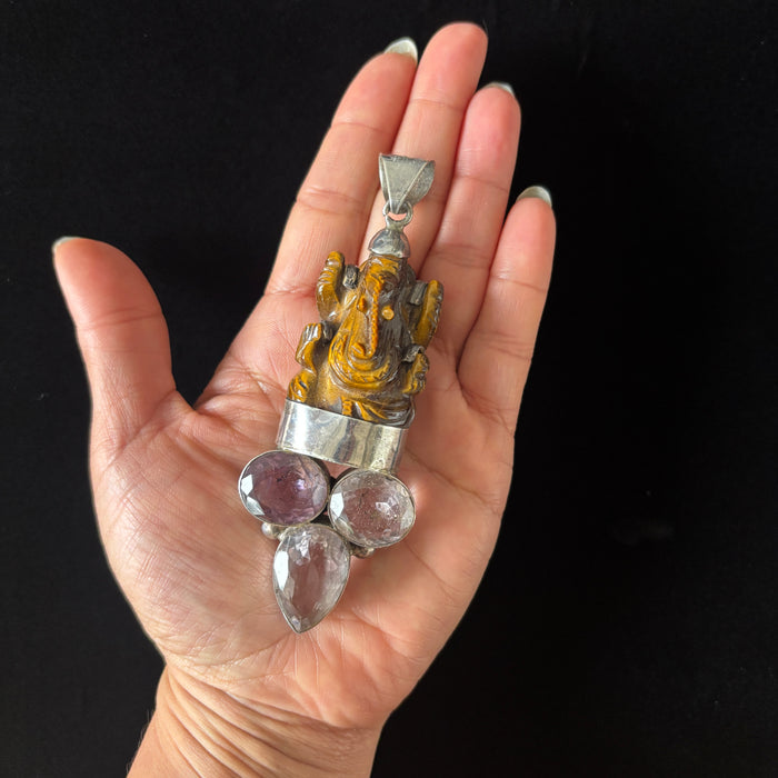 Tigers Eye Pendant Ganesha Amethyst Quartz Sterling Statement