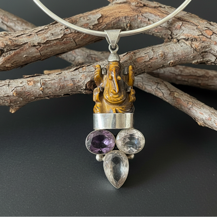 Tigers Eye Pendant Ganesha Amethyst Quartz Sterling Statement