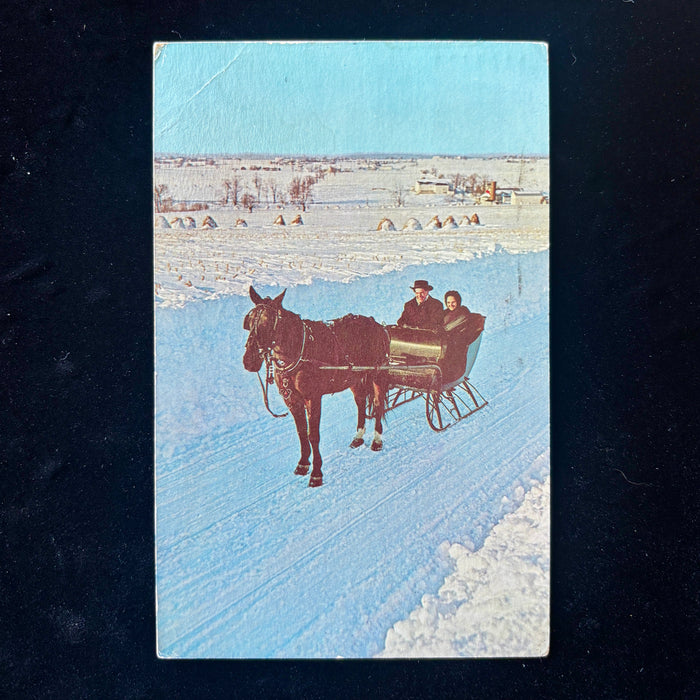 Vintage Postcard 1971 Amish Horse Drawn Sleigh Winter Snow Heart Of Amishland