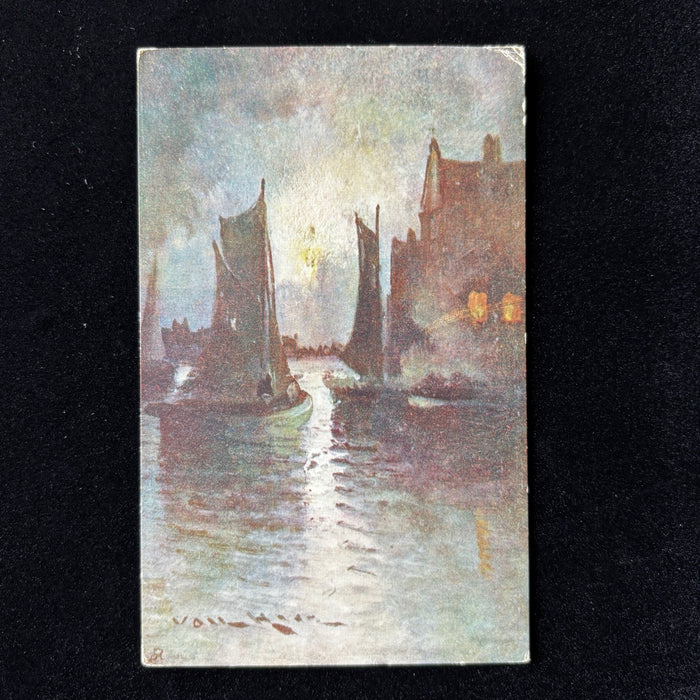 Antique Postcard 1919 Hospital Greeting Gloucester MA Van Hier Moonlight Tuck Oilette