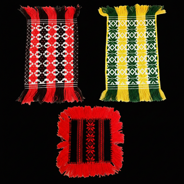 Vintage Hungarian Sárköz Folk Art 3pc Set Table Runner Handwoven Loom Cotton Mat 1960s