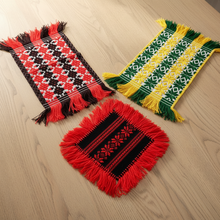 Vintage Hungarian Sárköz Folk Art 3pc Set Table Runner Handwoven Loom Cotton Mat 1960s