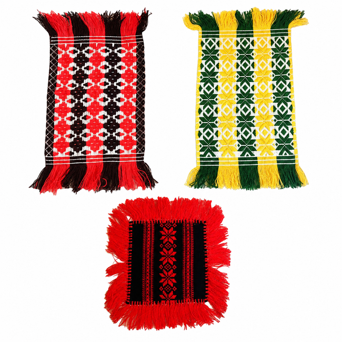 Vintage Hungarian Sárköz Folk Art 3pc Set Table Runner Handwoven Loom Cotton Mat 1960s
