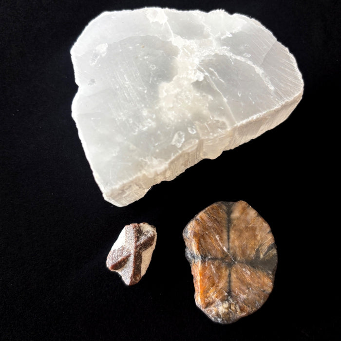 Chiastolite Staurolite Cross Stone Satin Spar Selenite Crystal Set