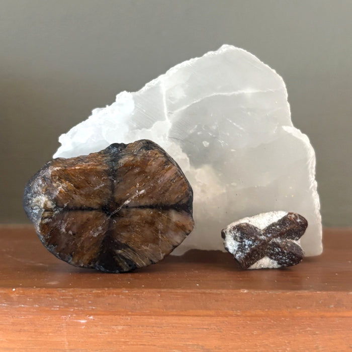 Chiastolite Staurolite Cross Stone Satin Spar Selenite Crystal Set