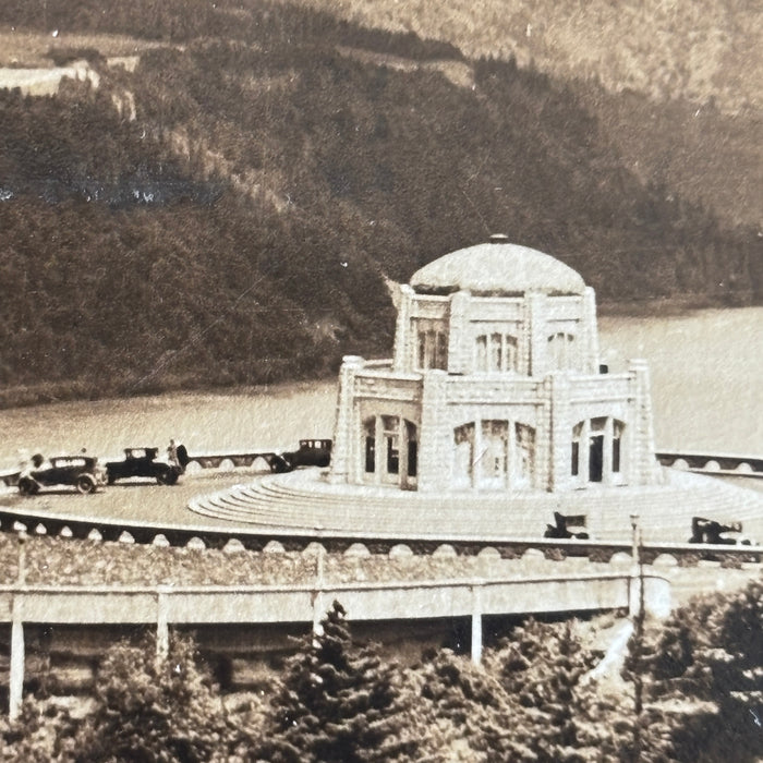 Vintage Postcard 1933 RPPC Vista House Crown Point Columbia River Hwy Oregon Car