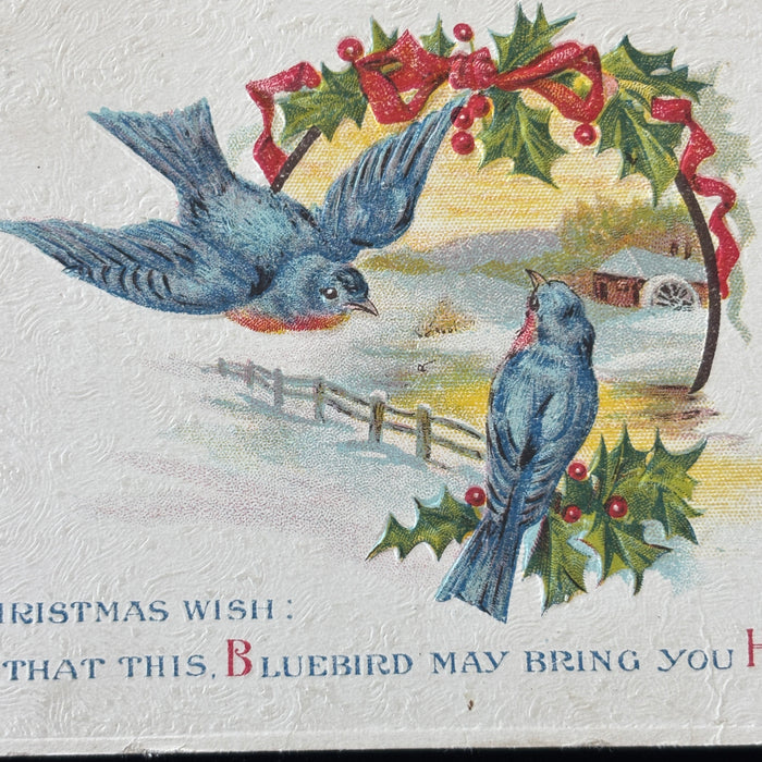 Antique Postcard 1918 Bluebirds Christmas Holly Wreath Embossed Post-WWI Holiday