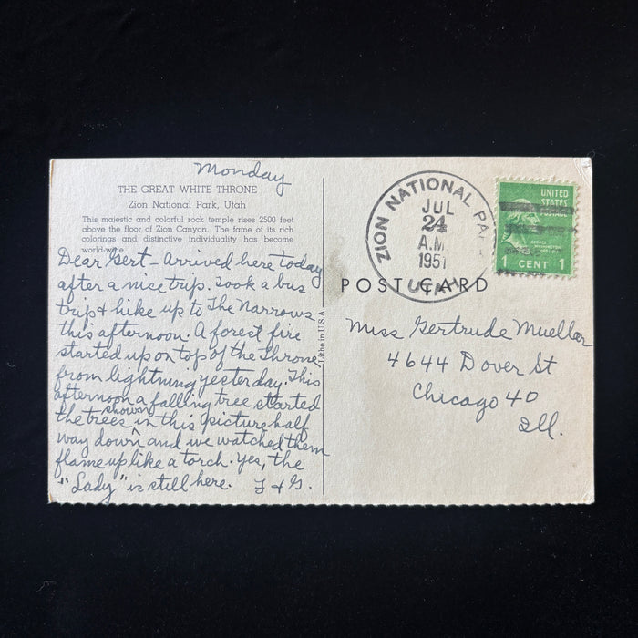 Vintage Postcard 1951 Forest Fire Zion National Park Utah Great White Throne
