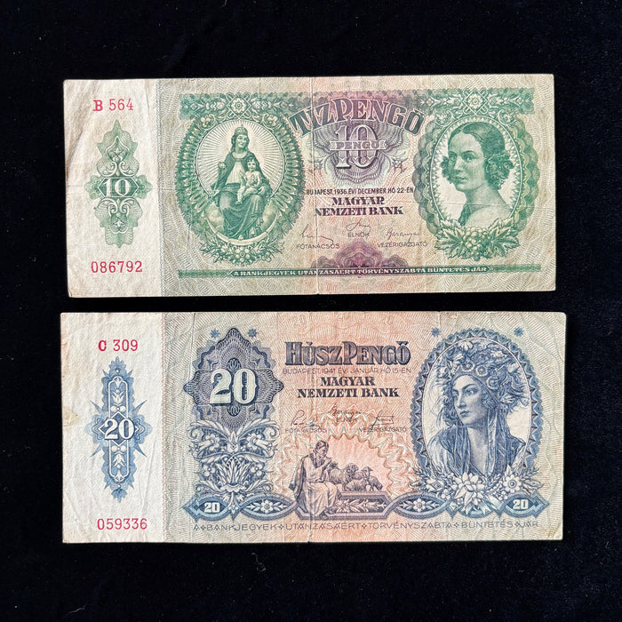 Vintage Banknote Set Hungary 10 20 Pengő Madonna Traditional Costume WWII Lot