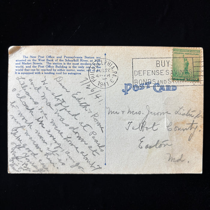 Vintage Postcard 1941 Philadelphia Post Office Defense Bonds Autogiro Roof