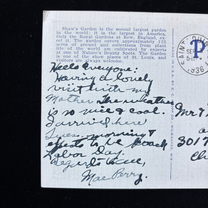 Vintage Postcard 1936 Shaws Garden St Louis MO Interior Greenhouse Bonds Slogan