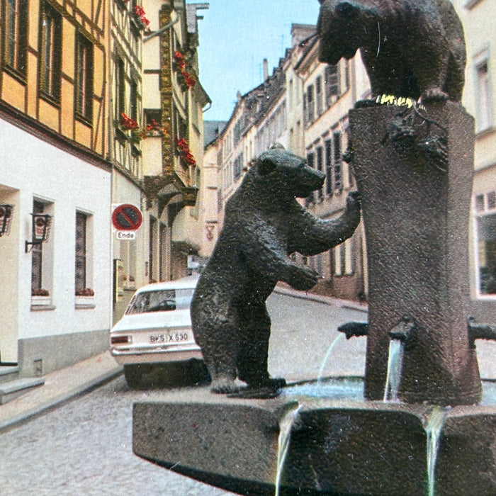 Vintage Postcard Bear Fountain Bernkastel Kues Germany Barenbrunnen White Car