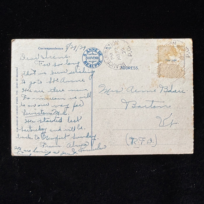 Vintage Postcard 1929 Blue Cachet Fire Ste Anne Beaupre Basilica PQ Canada