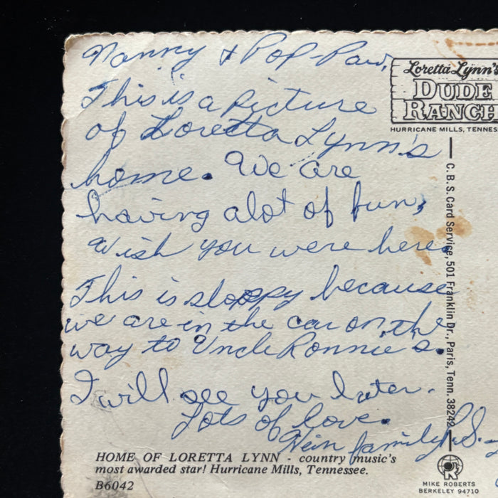 Vintage Postcard Sloppy Loretta Lynn Dude Ranch Hurricane Mills Tennessee Home