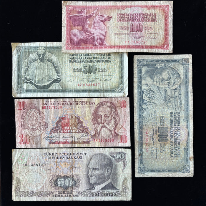 Vintage Banknote Lot of 5 World History Turkey Yugoslavia Honduras 1970-80s Set
