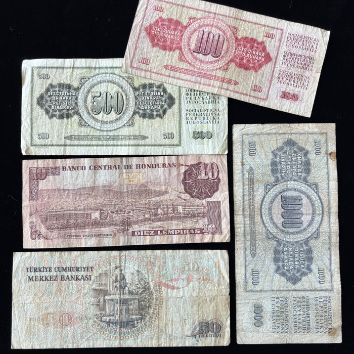 Vintage Banknote Lot of 5 World History Turkey Yugoslavia Honduras 1970-80s Set