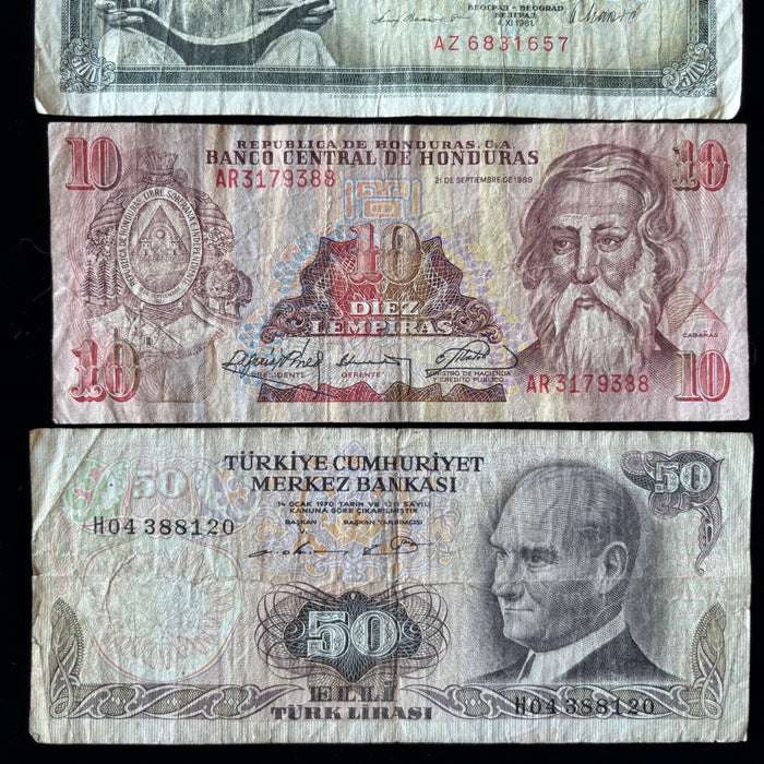 Vintage Banknote Lot of 5 World History Turkey Yugoslavia Honduras 1970-80s Set