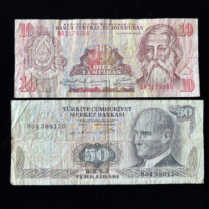 Vintage Banknote Lot of 5 World History Turkey Yugoslavia Honduras 1970-80s Set