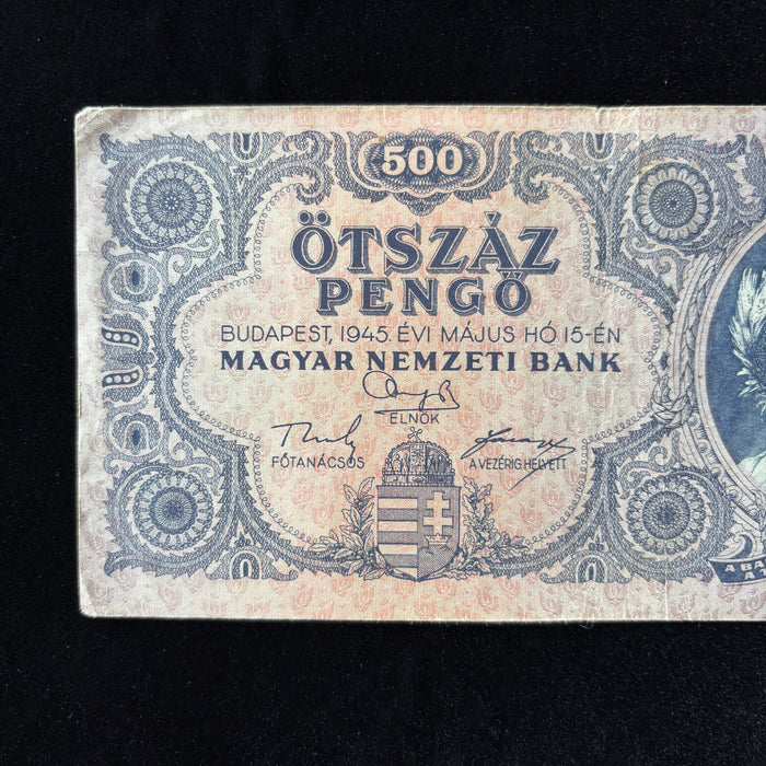 Vintage Banknote 1945 Hungary 500 Pengő WWII Hyperinflation Neoclassical Art Lady