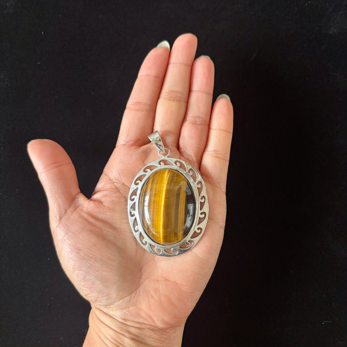 Tigers Eye Pendant Oval Gemstone Filigree Boho
