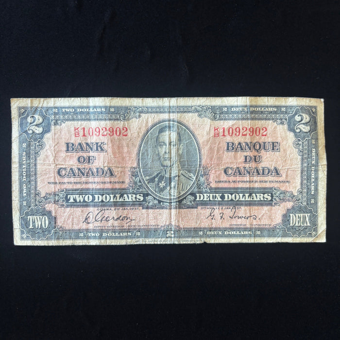 Vintage Banknote 1937 Canada 2 Dollar Bill King George VI Bilingual Gordon-Towers