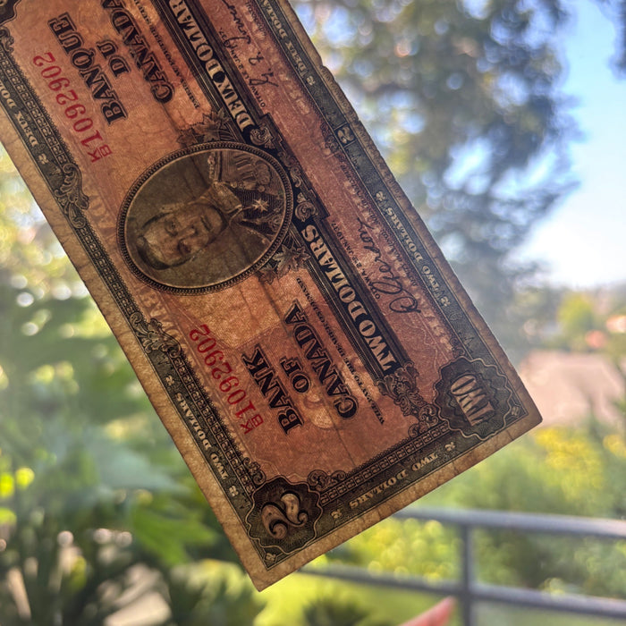 Vintage Banknote 1937 Canada 2 Dollar Bill King George VI Bilingual Gordon-Towers