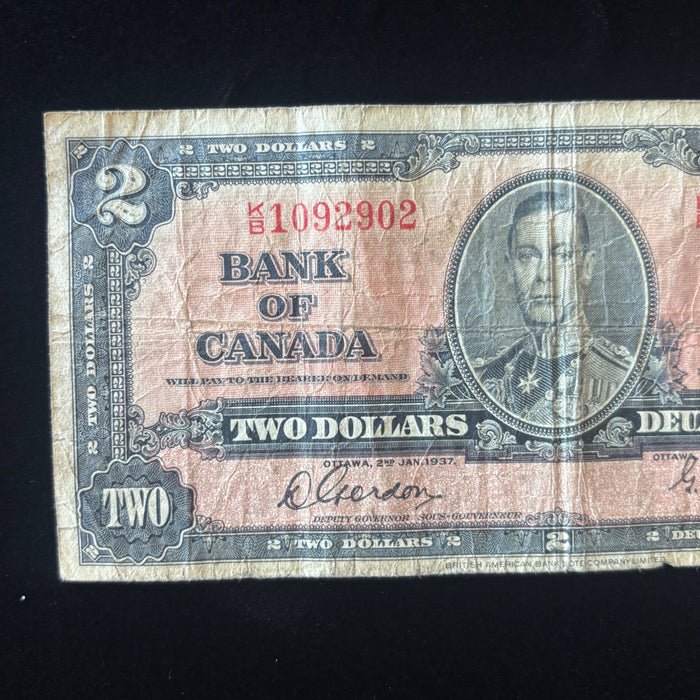 Vintage Banknote 1937 Canada 2 Dollar Bill King George VI Bilingual Gordon-Towers