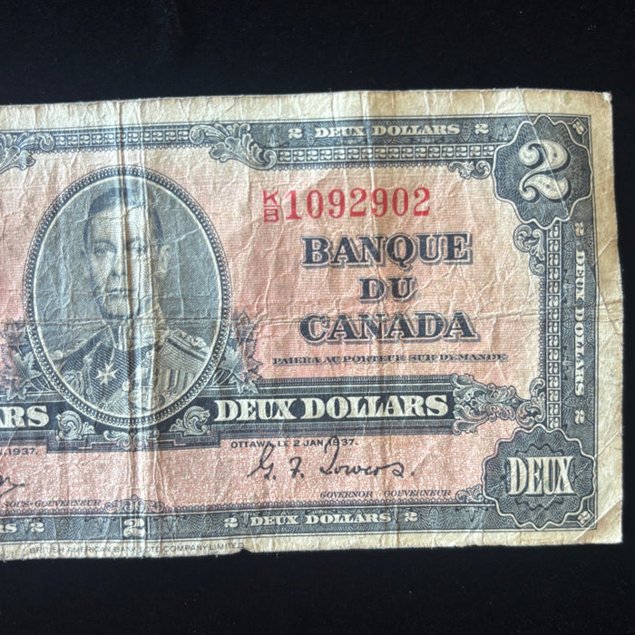 Vintage Banknote 1937 Canada 2 Dollar Bill King George VI Bilingual Gordon-Towers