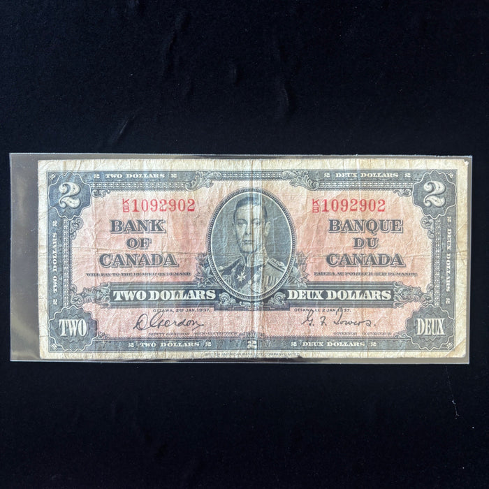 Vintage Banknote 1937 Canada 2 Dollar Bill King George VI Bilingual Gordon-Towers