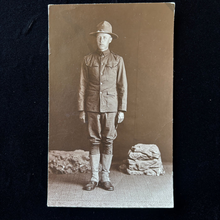 Antique Postcard WWI Doughboy Soldier RPPC Military Uniform Hat Studio Portrait