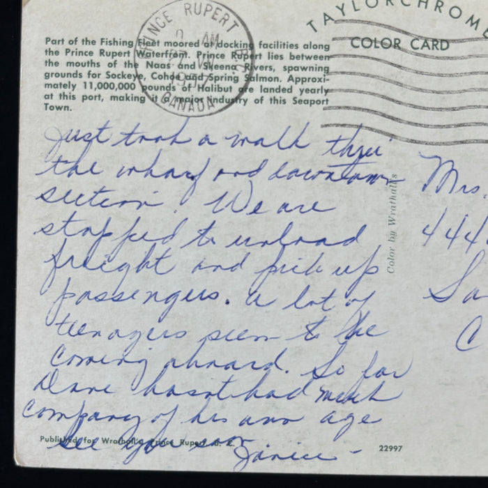 Vintage Postcard 1957 Teens Onboard Prince Rupert Fishing Fleet Boats Canada